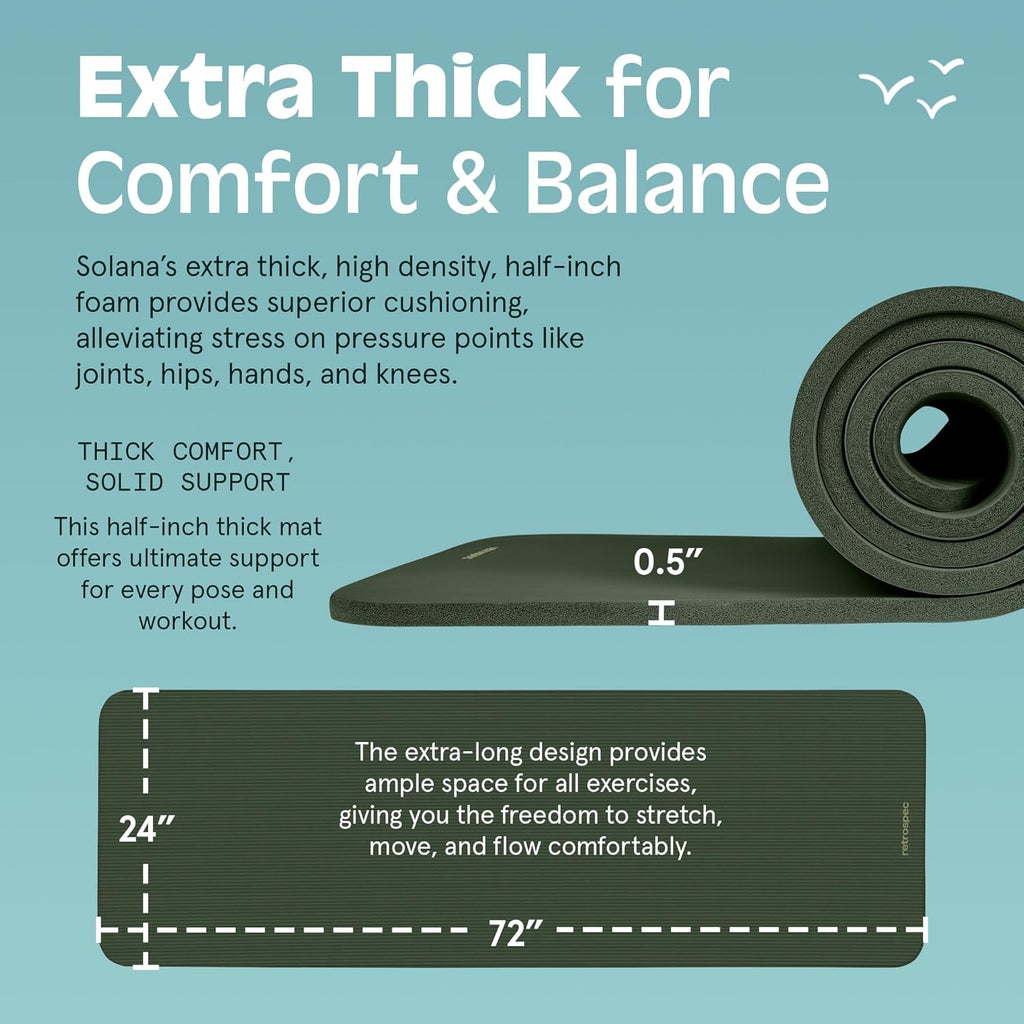 Solana Yoga Mat Thick 1/2In Non-Slip Workout Mat with Nylon Strap - 72X24In Exercise Mat for Pilates, Stretching & Fitness - BPA Free, Easy Clean